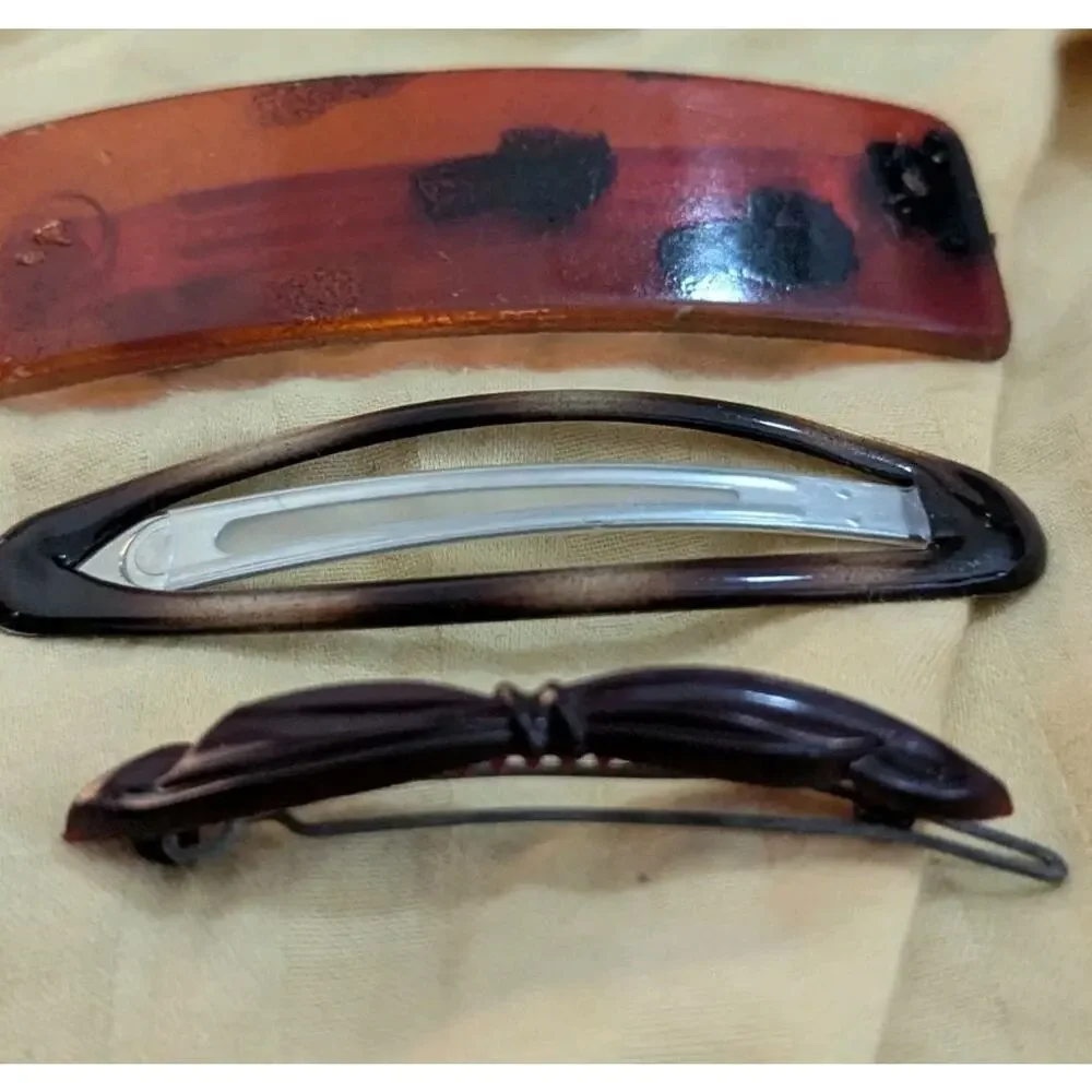 Set Of 3 Vintage 80s Goody Hair Clip Snap Tortoise Barrette Bow Brown Lot